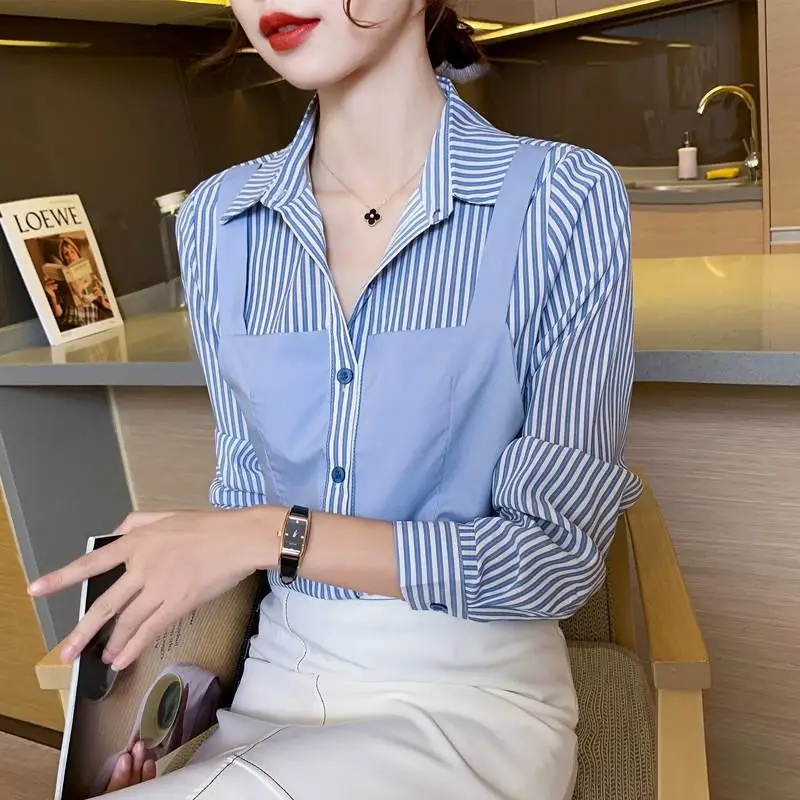 

Fashion Striped Printed Spliced Fake Two Pieces Oversized Button Shirt 2022 Autumn New Casual Tops Loose Commute Women's Blouse