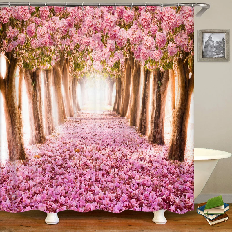 

Pink Castle Shower Curtain Kids Decor Spring Flower Park Forest Road Landscape Scenic Bathroom Curtain Decor Set with 12 Hooks