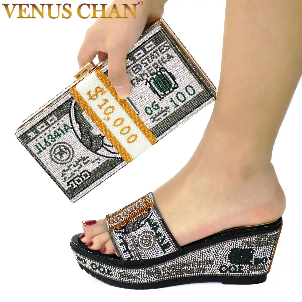 

New Arrival Nigerian Fashion Italian Design Black Color Crystal Style Elegant Party High Heels Women Shoes and Bag Set