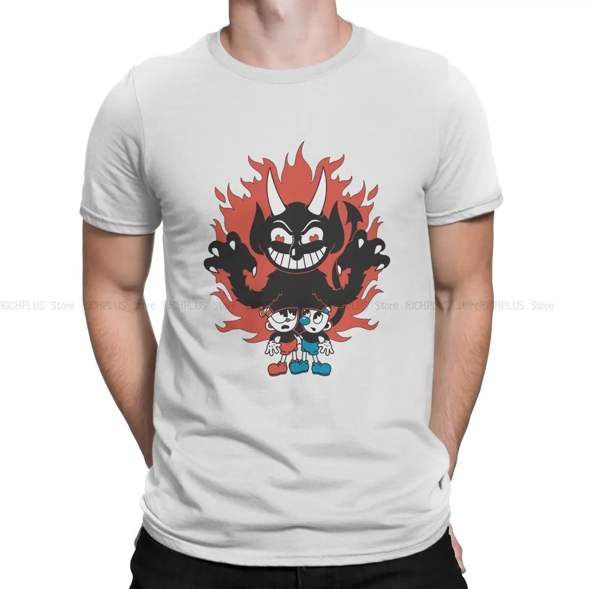 

Cuphead Mugman Game Newest TShirt for Men The Devil Is Behind It Round Collar T Shirt Hip Hop Birthday Gifts Streetwear