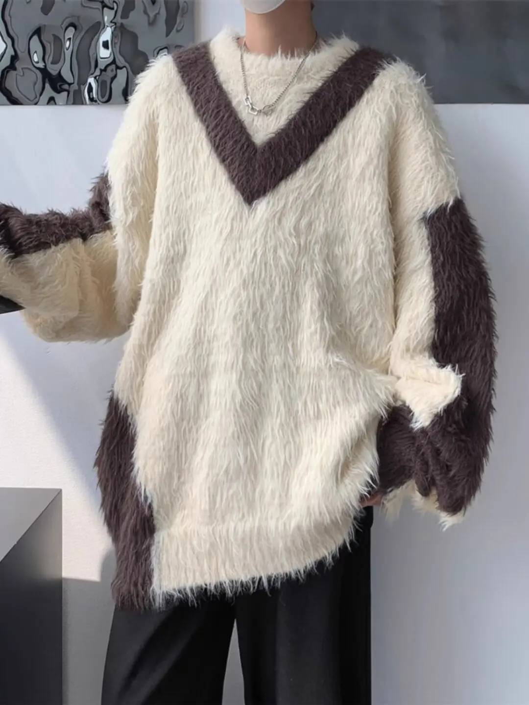 Осенне-зимний плюшевый контрастный лоскутный свитер из меха анти норки для