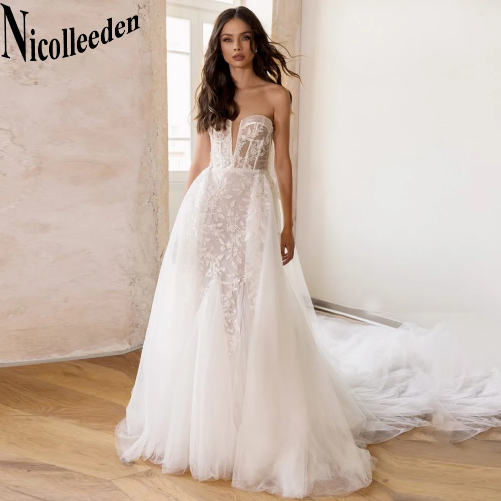 

Nicolle Charming Trumpet Wedding Dresses For Bride Appliques Deep V-Neck Detachable Train Sleeveless Tulle Vestidos De Novia