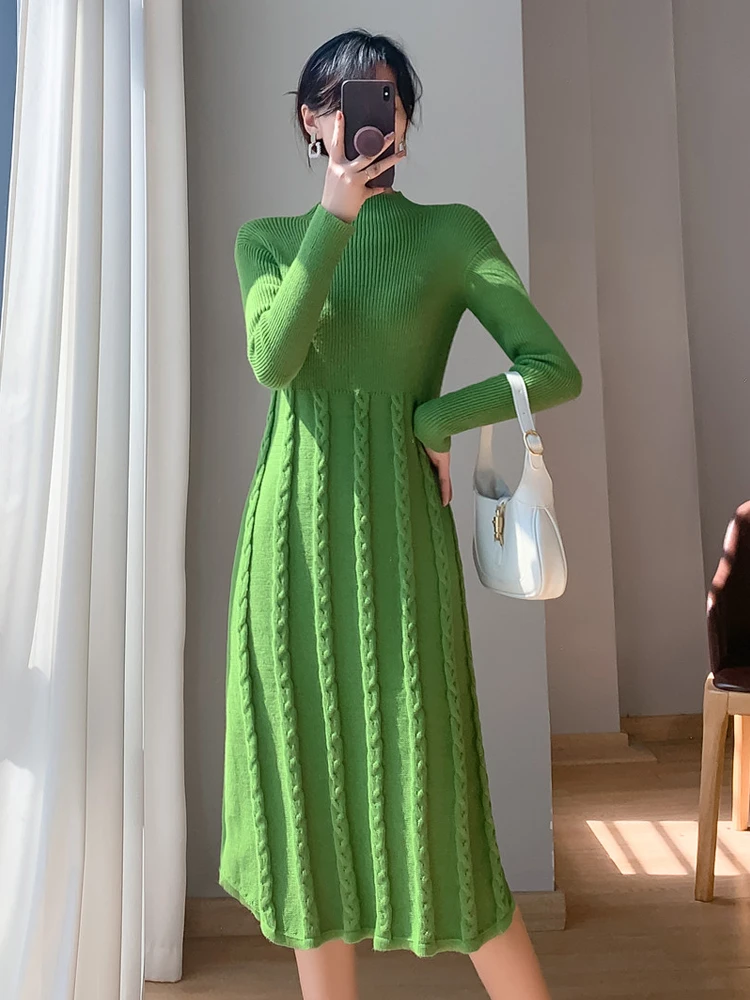 

2022 New Mid-Length Above Knee Twist Sweater Skirt Half High Collar Inside Bottoming A-Line Knitted Dress Fitted Waist Elegant