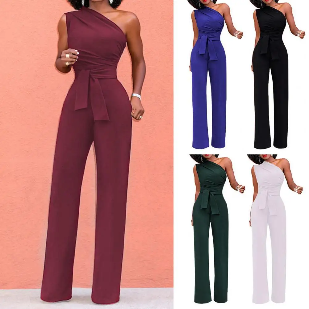 

Banquet Romper One Shoulder Close-fitting Sexy Breathable Firm Stitching Solid Color with Belt Slim Fit Sleeveless Prom Jumpsuit