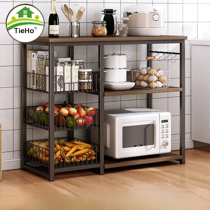 Floor Standing Kitchen Storage Shelve Large Capacity Multi-layer Storage Cabinet With Door Vegetable Basket Home Furniture