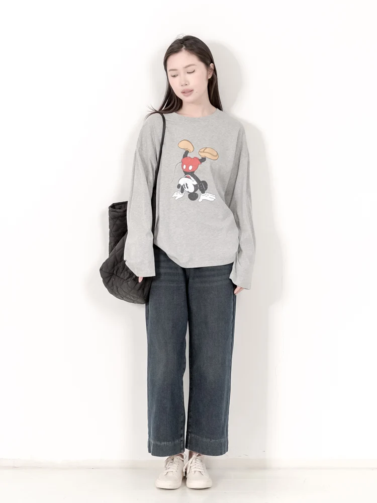 Kngs Autumn Japan fashion Retro Sle Creative Print Mickey round Neck Long sleeve Cotton Base Shirt T-shirt Women's Top