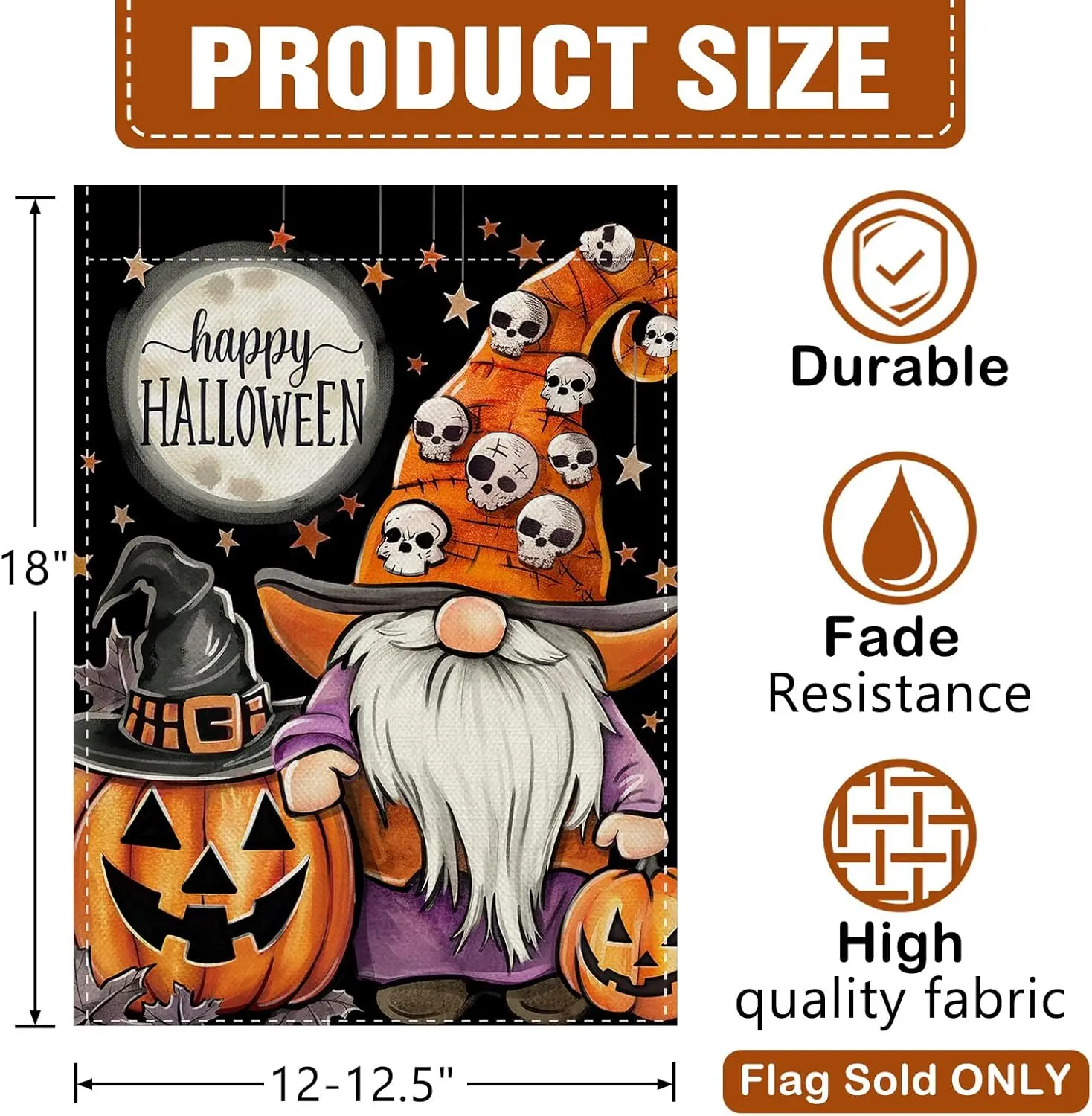 Фото Декоративный садовый флаг Dyrenson Happy Halloween Gnome, забавный флаг с тыквой-фонарем и черепом для украшения двора и дома, Moon UUN №3