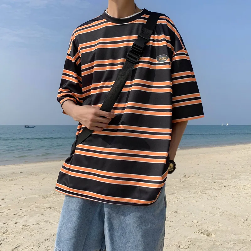 

Spring/Summer Joker Short Sleeve Striped Men's T-Shirts New Retro Style Hot Sale Pullover Clothes Hip Hop Fashion Couples Top