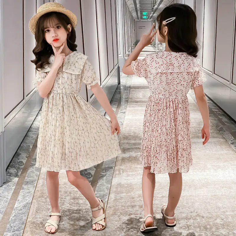 

Girls Summer 2022 Dress Fashion Design New Children Floral Creasing Dresses Child Sweet Baby Princess Dress Playful Kids Clothes