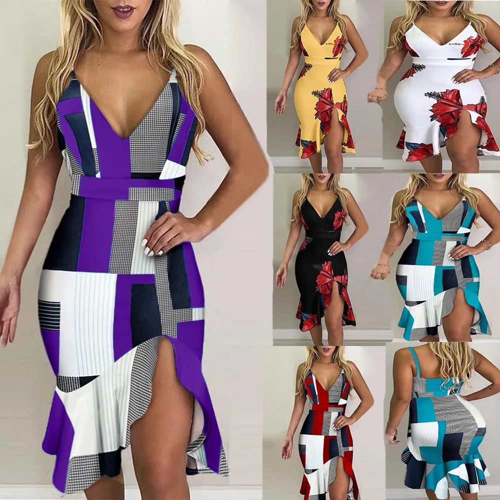 

European and American dresses 2022 summer fashion V-neck sexy printed women's dress