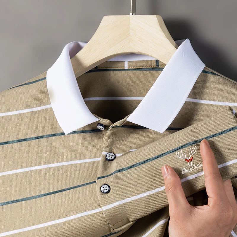 Men's cotton polo shirt embroidered striped T-shirt 2023 summer casual business short sleeved T-shirt men's golf clothing