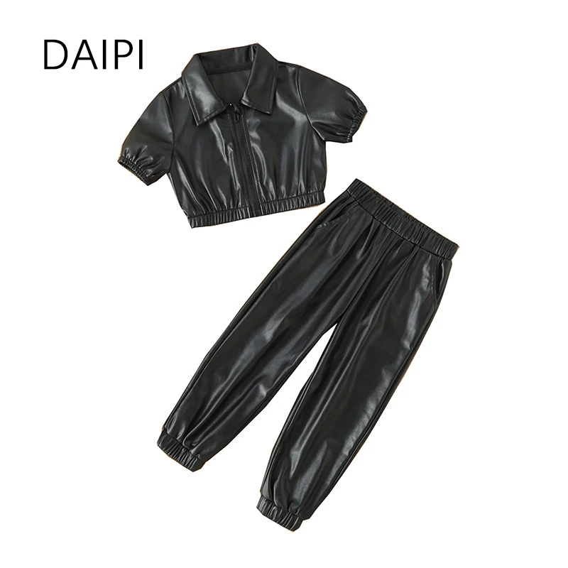 

DAIPI Girls Leather Sets Zipper Elastic Waist Kids Clothes Girls 2023 Spring Autumn New Fashion 2 Piece Sets Baby Girl Clothes