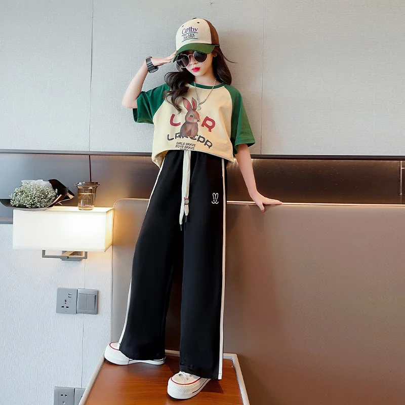 

Teenage Girls Korean Color-blocking Cartoon Printed Short-sleeved T-shirt+ Loose Pants Summer Children's Two-piece Clothes Set