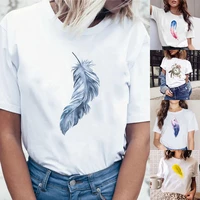 t shirt women 2022 summer harajuku round neck short sleeve shirts tops casual sports all match clothing tees with feather print