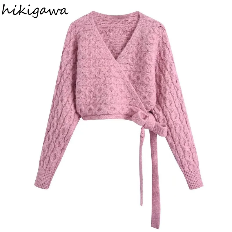 

Hikigawa Women Fashion High Street Long Sleeve Eight-Strand Knitted Sweater Coats Casual V Neck with Belt Female Chic Tops