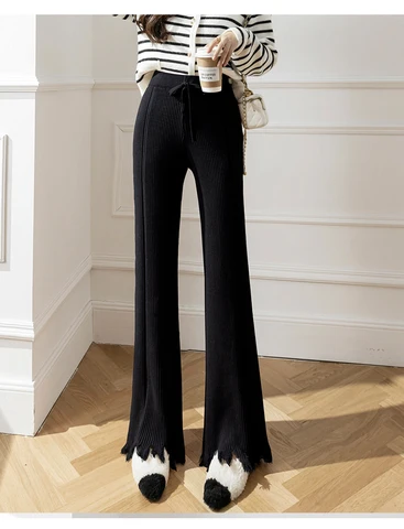 Новые осенне-зимние женские узкие длинные брюки с завышенной талией, высококачественные модные рваные трикотажные брюки-клеш в полоску