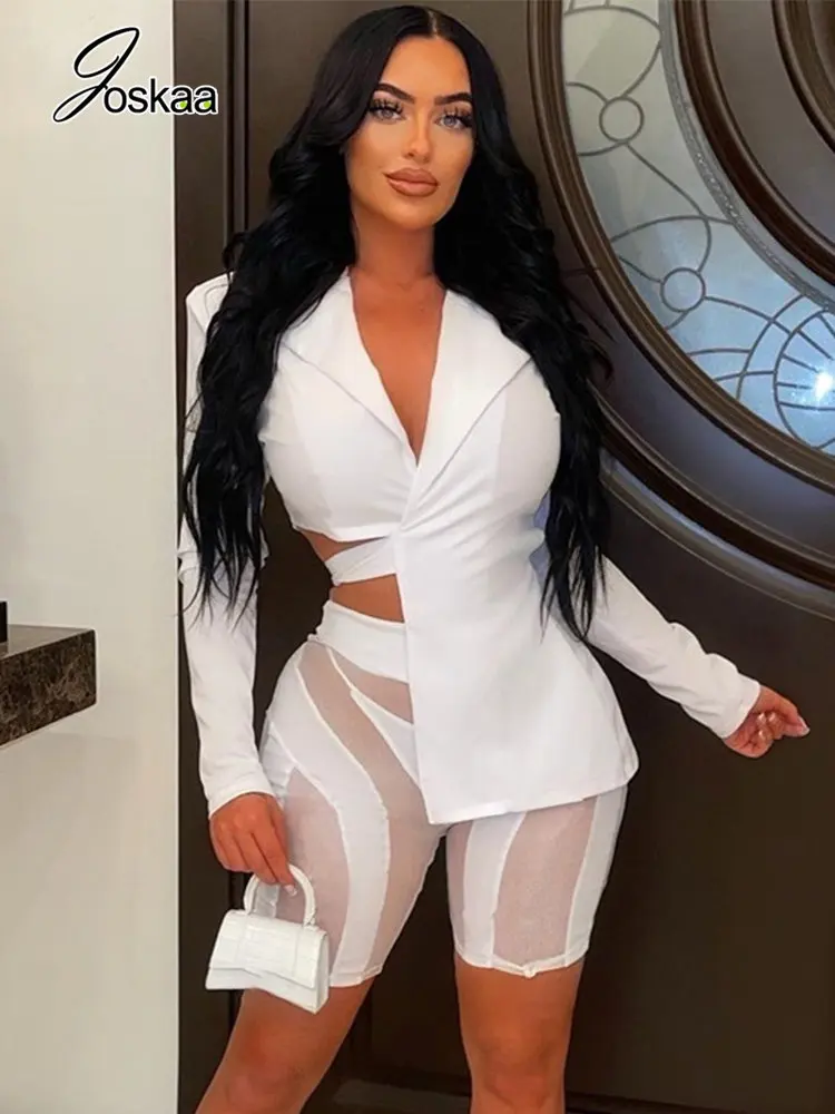 

Joskaa Solid Notched Long Sleeve Asymmetry Blazer and Patchwork Sheer Mesh Shorts Two Piece Sets Womens Outfits 2022 Streetwear