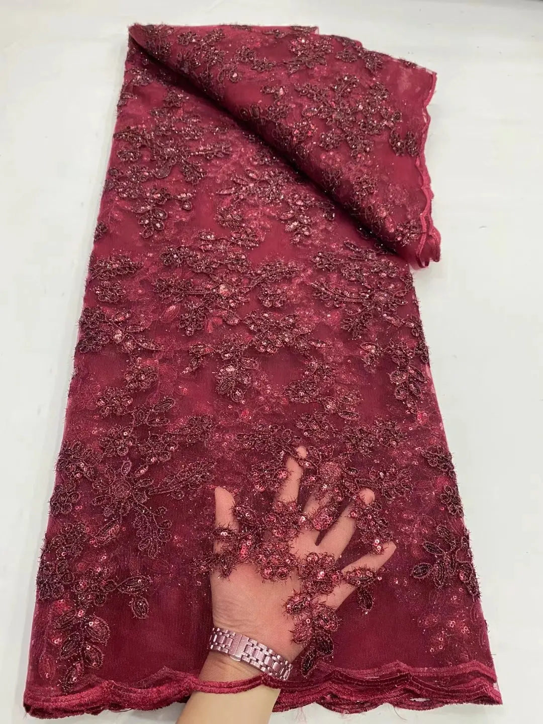 

2022 5 ярдов для большой африканвечерние Aso Ebi, светильник дер продаж, винно-красная нигерийская Тюлевая ткань, кружевная ткань