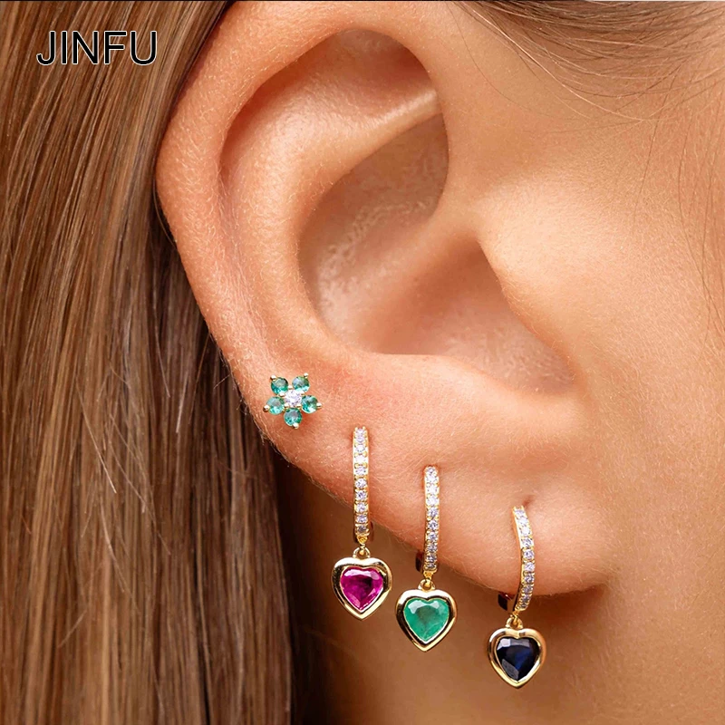 

JINFU Copper Gold Plated Drop Earrings for Women Fashion Color CZ Zircon Heart Famale Dangle Earrings 2023 Jewelry Wholesale