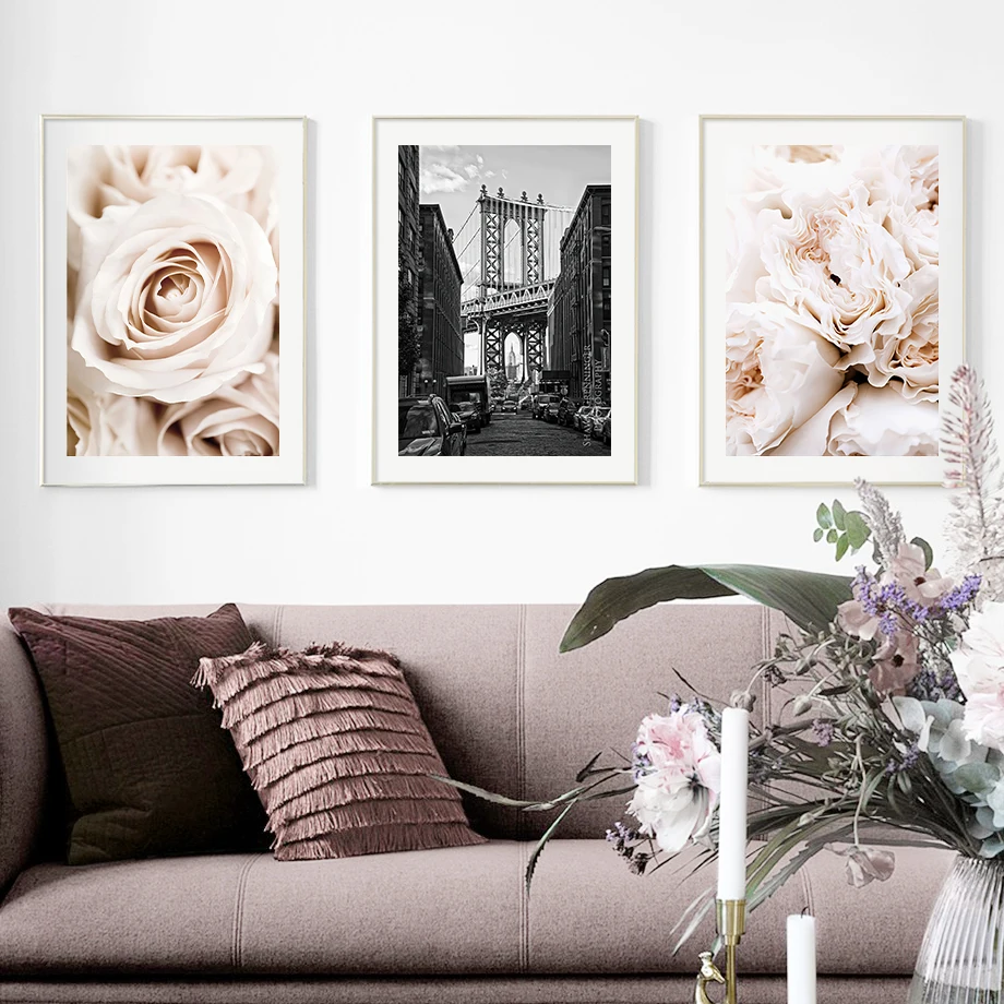 Черно-белый пейзаж лондонского моста плакат женщина розы цветы настенное