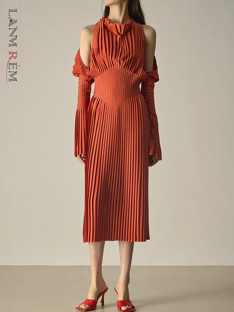 

LANMREM Elegant Pleated Dress Hanging Neck Off Shoulder High Waist Slim Waist Flare Sleeves Mid Length Party Clothing 2R9811