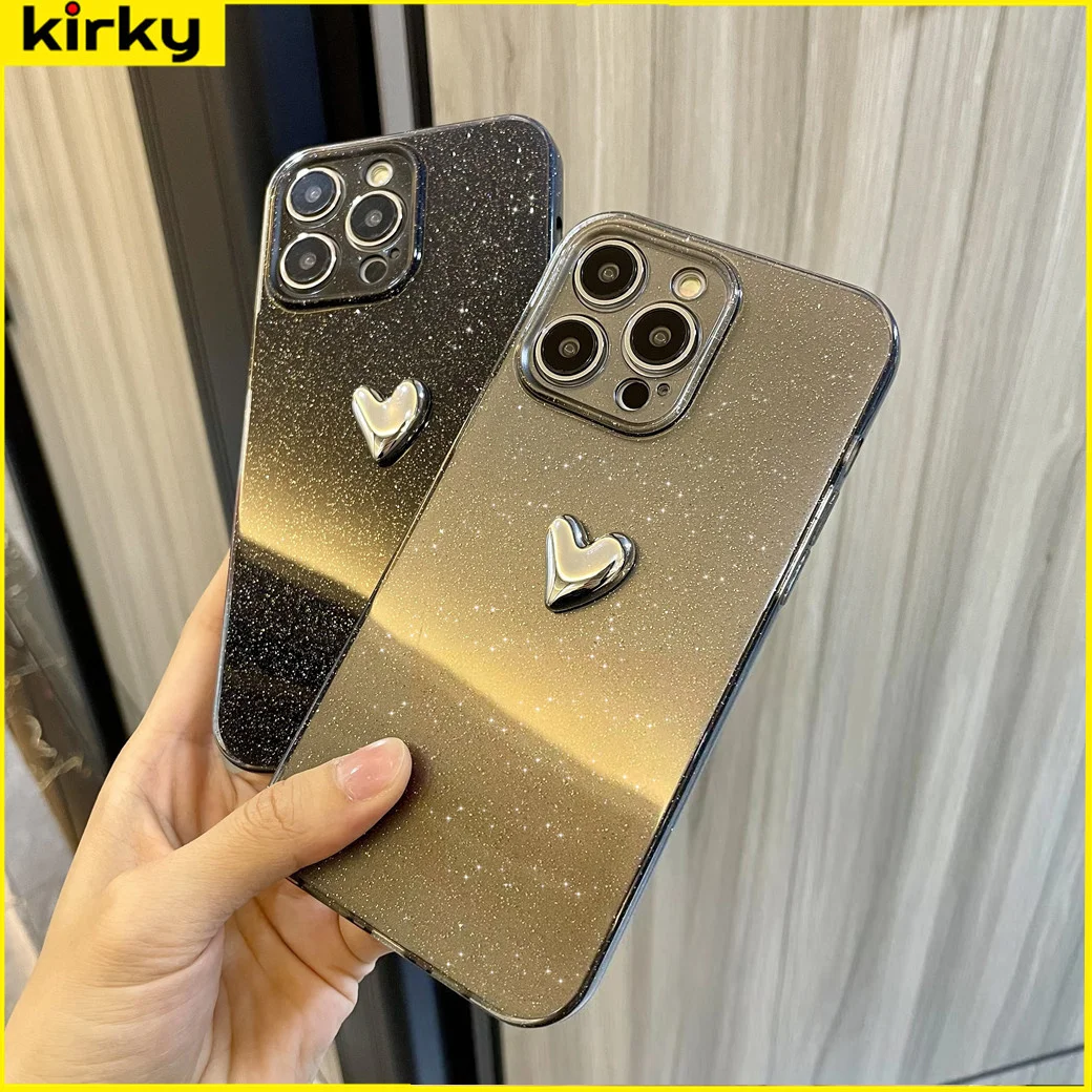 

Модный мягкий чехол в Корейском стиле с милым сердцем для IPhone 13 Pro Max 14 11 12 X XR 8 Plus Блестящий утолщенный защитный чехол