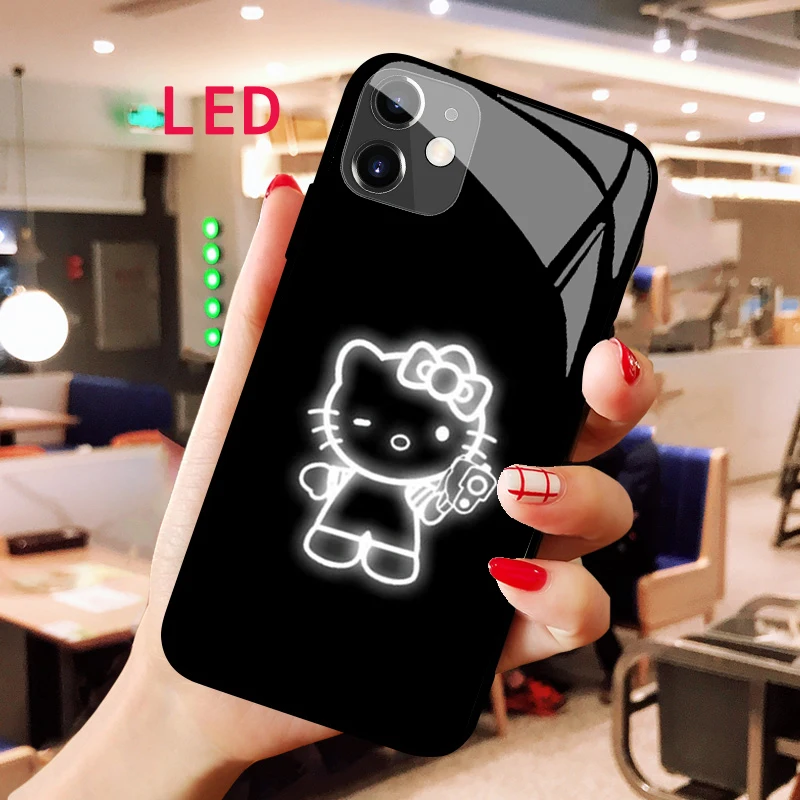 

hello kitty Luminous Tempered Glass phone case For Apple iphone 13 14 Pro Max Puls mini Luxury Fashion RGB Backlight new cover
