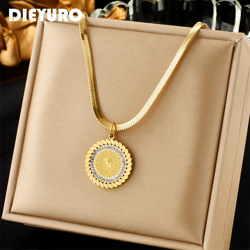 

DIEYURO 316L Stainless Steel Round Portrait Pendant Necklace For Women Girl New Trend Clavicle Chain Jewelry Gift Party Bijoux