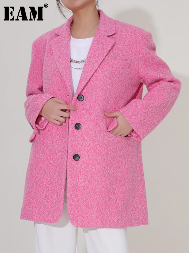 

[EAM] Loose Fit Pink Color Long Big Size Woolen Coat Parkas New Long Sleeve Women Fashion Tide Autumn Winter 2022 1DE320711