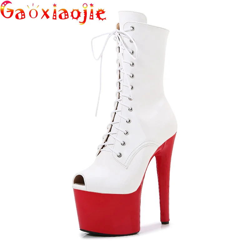 

New Peep Toe High Heels Super Sexy Model Shoes Women's Lace Up Low Tube Ankle Boots 17CM Nightclub Stripper Pole Dancing Pumps