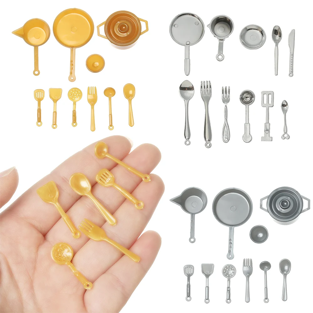 

10/11Pcs Plastic Miniature Pan Fork Pot Set 1:12 Scale Dollhouse Kitchen Dinnerware Model Cookware Set Playing House Kids Toys
