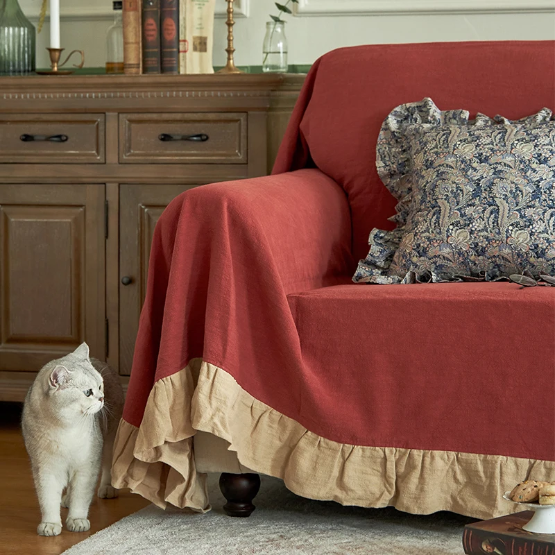 

100% Pure Linen Red Ruffle Sofa Cover Soft Natural Flax Couch Cover