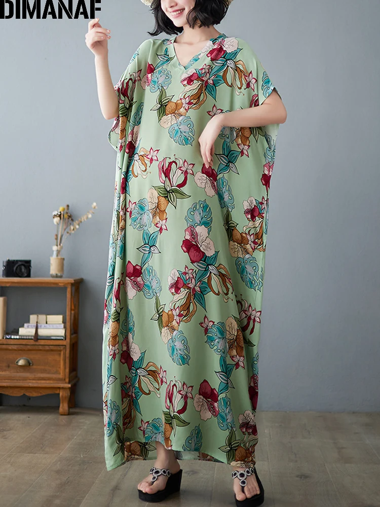 

DIMANAF Women Summer Beach Dress Bohemian Vintage Loose Oversized Sundress Floral Printing Cotton Vestidos Lady Maxi Long Dress