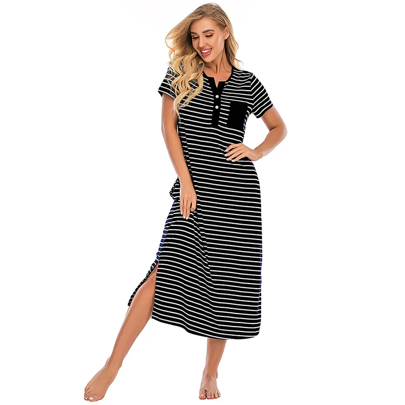 Women's Striped Buttons Spring Summer New Comfortable Nightwear Loose Short-sleeved Home Service Sexy Sleepwear Nightdress