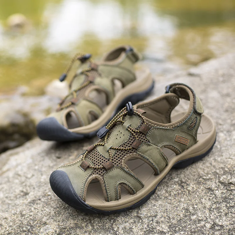 

Summer Outdoor Men Sandals Plus Size 46 47 Beach Cow Leather Men Hiking Sandals Casual Shoes for Man
