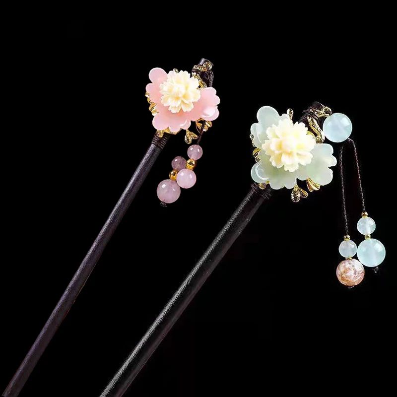 

Vintage Wooden Hair Stick Chinese Style Winding Flower Hairpin With Tassel Classical Elegant Lady Hair Clip Hair Accessories