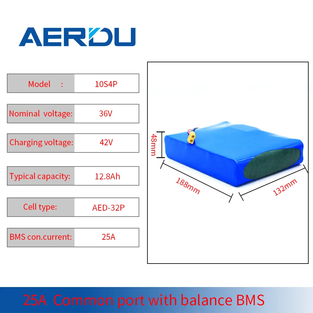 

AERDU 36V12.8Ah 18650 Lithium Battery Pack 10S4P with 25A Balance BMS 3200mAh Cells Support 600W Scooters Golf Cart Electric Etc