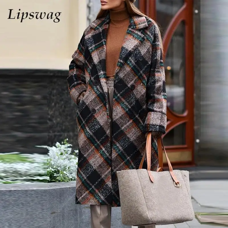 

Winter Double Breasted Long Woolen Overcoat Women Plaid Print Long Straight Suit Coat All-match Elegant Pocket Slim Wool Coats