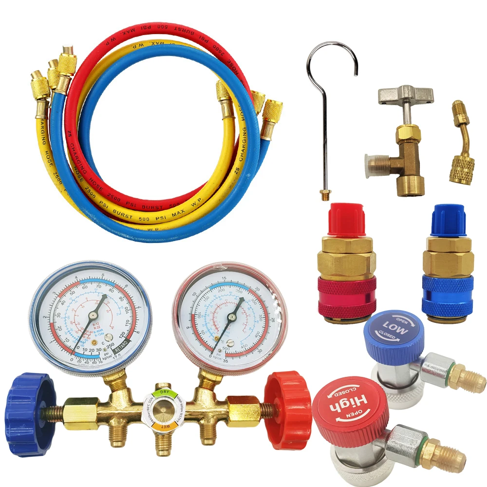 

Freon r134a Refrigerant Diagnostic Manifold Gauge Set Air Conditioning Tools with Hose and Hook for R12 R22 R404A R134A R502