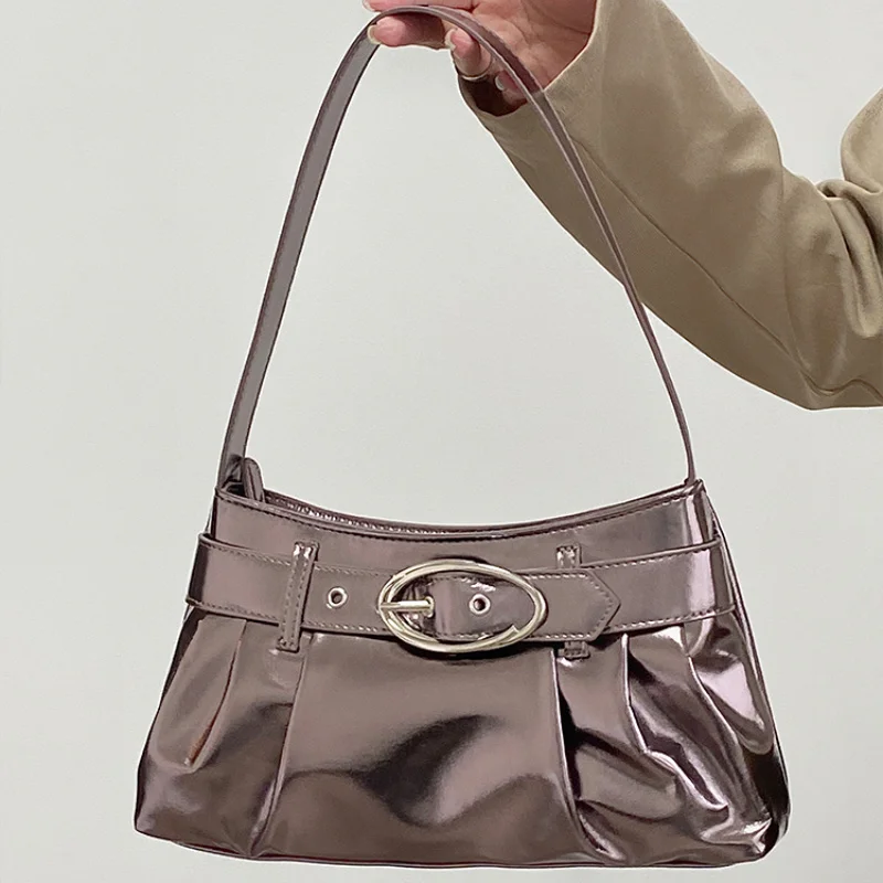 

Модная женская сумка на плечо с рюшами Y2k, популярные сумки на подмышек для девушек, дизайнерские женские сумки-тоуты из лакированной кожи, с...