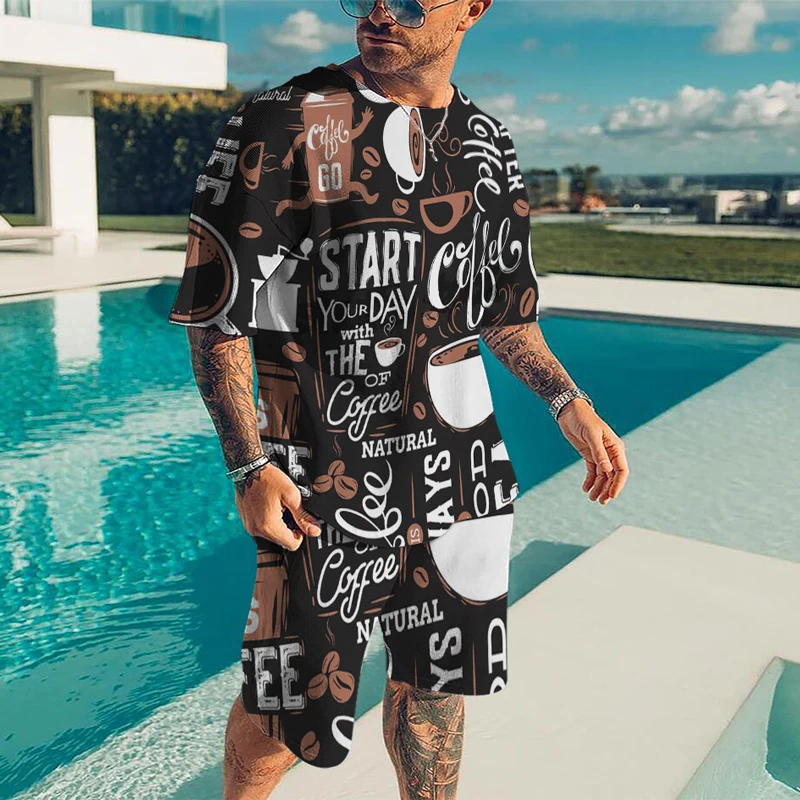 Summer Men's Casual Street Beach Shorts Set 3D Printing Color Crew Neck Street Hip Hop  Short Sleeve Two-piece Set