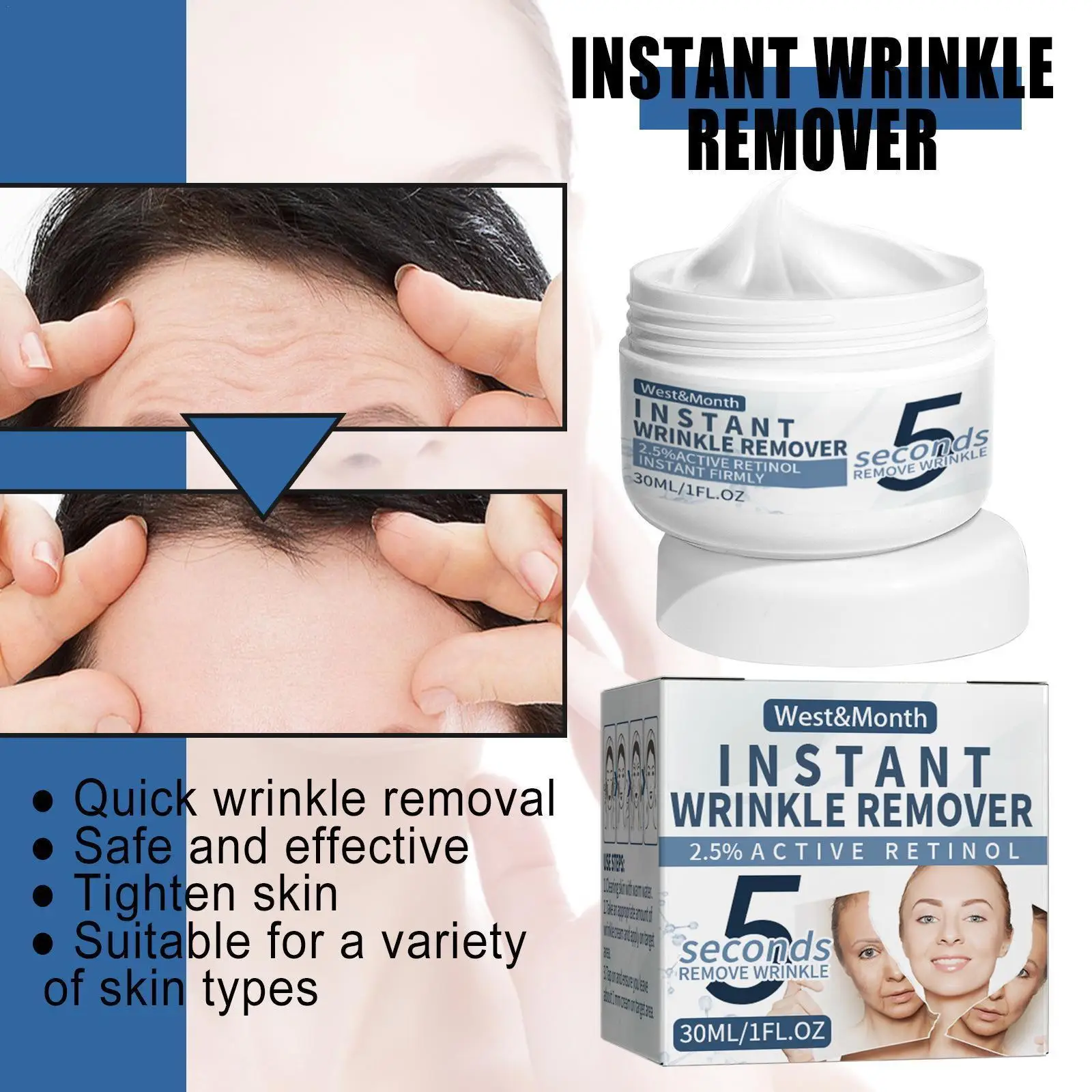 

5 Seconds Instant Retinol Anti-Wrinkle Cream Anti Aging Tightening Care Lifting Skin Fine Face Fade Firming Line 30ml Face A2N3