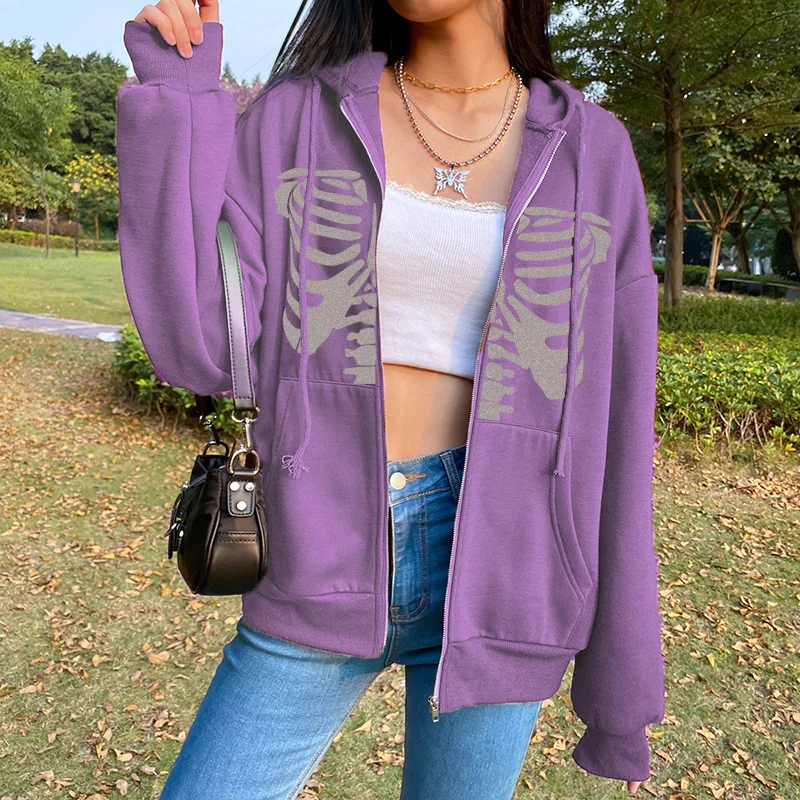 

Grunge Zip Up Skeleton Hoodie Y2K Zipper Graphic Long Sleeve Top Emo Hooded Pullover Shirt Female Oversized Winter Sweatshirt