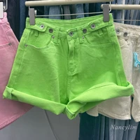 2022 summer green denim shorts for women new candy color high waist wide leg slimming pink hot pants ladies streetwear
