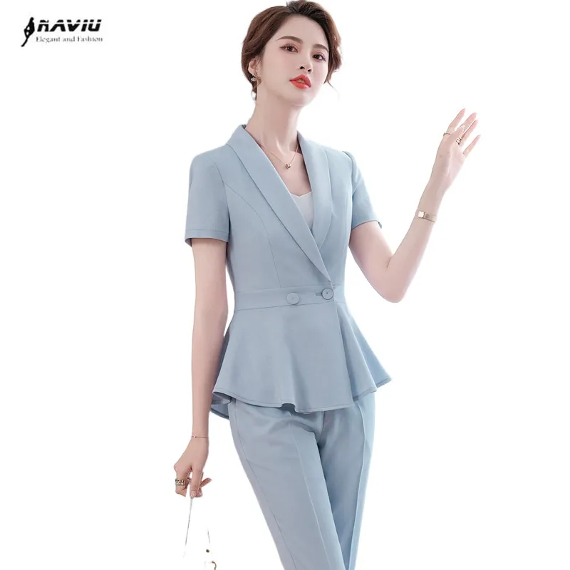 

Light Blue Professional Suits Women Summer Thin Slim Temperament Fashion Short Sleeve Blazer And Pants Office Ladies Work Wear