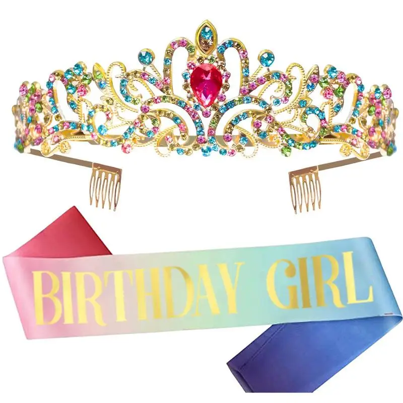 

Rainbow Gradient Glitter Birthday Sash Rhinestone Tiara Crystal Crown Birthday Queen Satin Ribbon Sash For Birthday Party Decor
