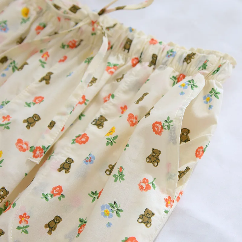 Plain Cloth Rural Floral Pajama Pants Female Summer Thin Encryption Cotton Side Pockets Home Large Can Be Worn Outside Trousers