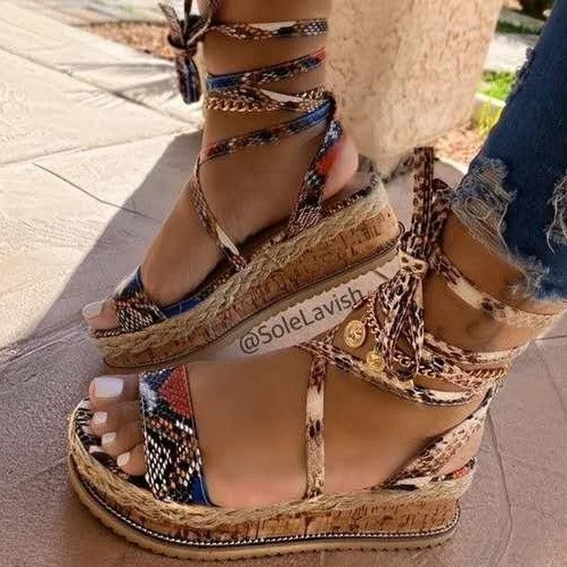 

Snake Gladiator Sandals Summer Platform Wedge Ankle Fashion Sexy Open Toe Party Shoes Ladies Women 2022 New Heels Women