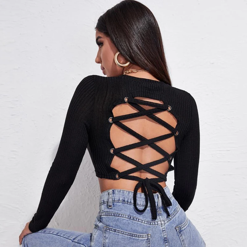 

Summer Women Black Short T-Shirts Sexy Tie-up Crop Tops Long Sleeve Bandage Tee Top Female Shirt Streetwear Harajuku Tees Blusas