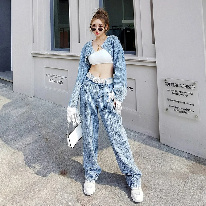 Womens High Fashion 2 Pieces Denim Sets for Teenage Girls Punk Streetwear Tassel Sleeve Crop Jackets High Waisted Straight Jeans